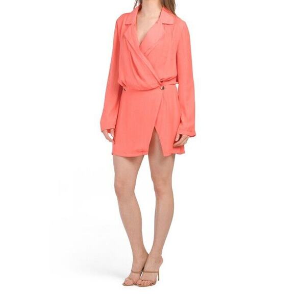 FREE PEOPLE Women's Simone Mini Dress V-Neck Long Sleeve Peach Lipgloss S New - Picture 1 of 2